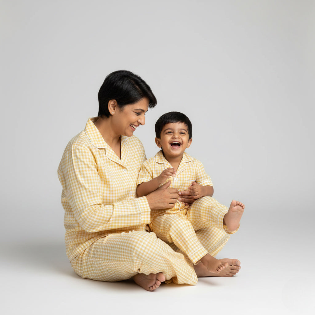 Mother and son in yellow mini-checks matching pajamas, classic coordinated nightwear.