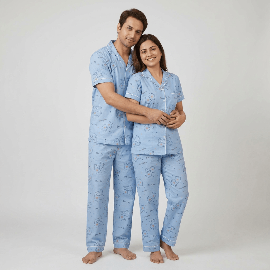 You And Me Puzzle matching couple pajamas worn together