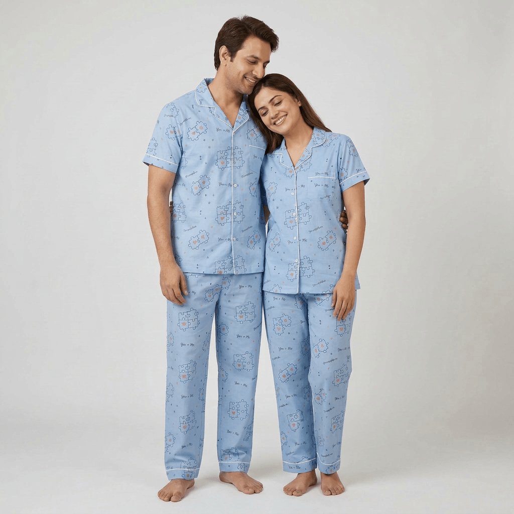 The two of you in matching You And Me Puzzle night suit