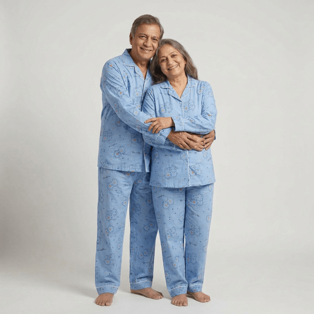 You And Me Puzzle matching full-sleeve night suit for grandma and grandpa, styled together