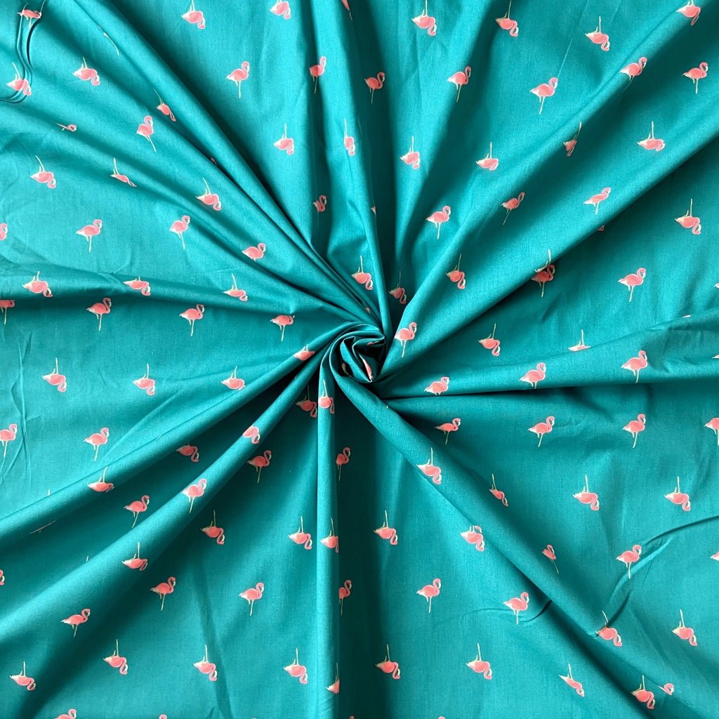Flamingo cotton fabric for tropical night suits, resort-style pajamas and holiday lounging.