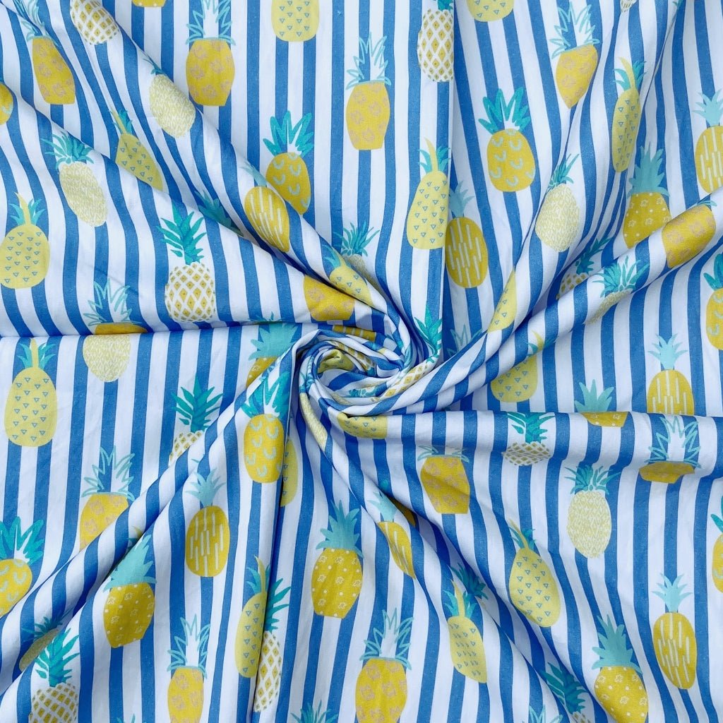 Tropical Pineapple cotton fabric for summer night suits, beachy sleepwear and vacation lounging.