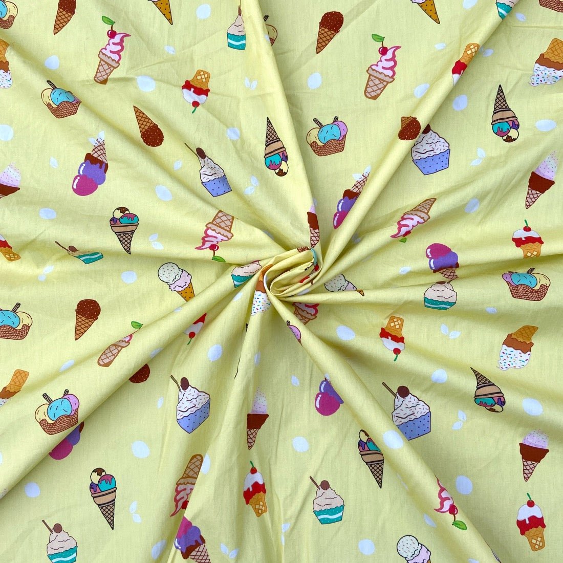 Ice Cream Cupcake cotton fabric for sweet-themed night suits, kids’ pajamas and birthday sleepwear.