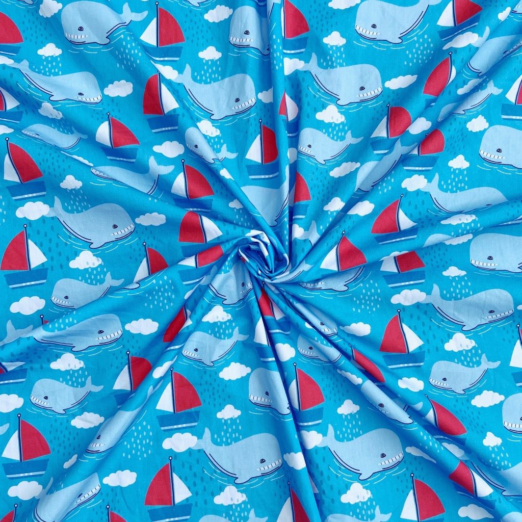 Whale Tale cotton fabric for ocean-themed night suits, kids’ pajamas and beach holiday sleepwear.