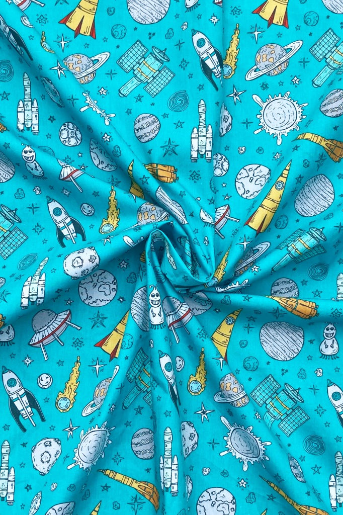 To The Moon cotton fabric for space-themed night suits, kids’ pajamas and bedtime stories.