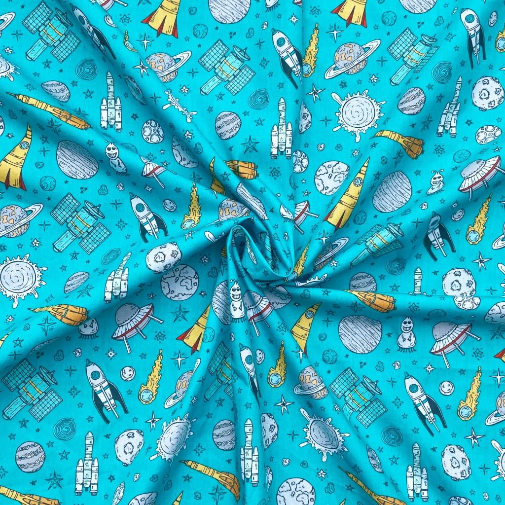 To The Moon cotton fabric for space-themed night suits, kids’ pajamas and bedtime stories.