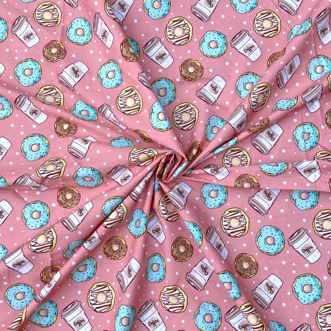 Donut Coffee cotton fabric for food-themed night suits, fun loungewear and lazy weekend pajamas.