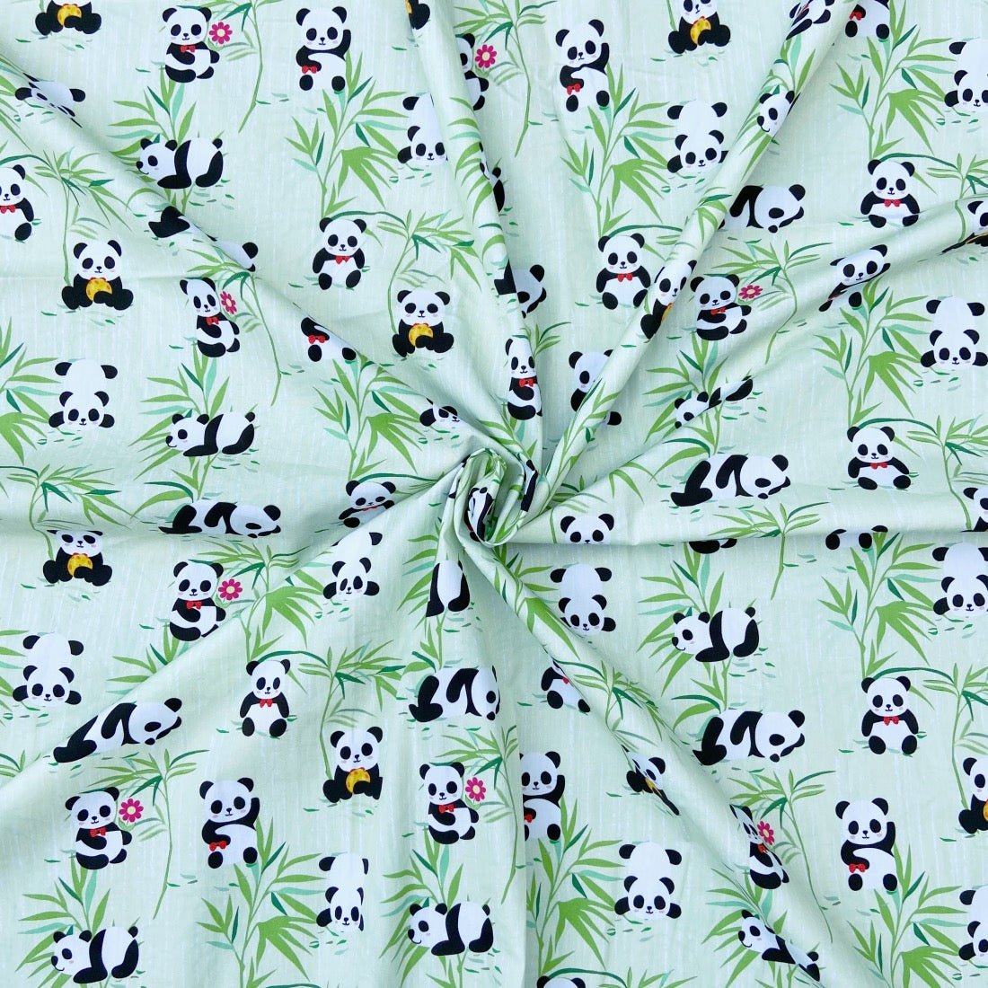 Panda cotton fabric for cute night suits, kids’ sleepwear and sibling matching sets.