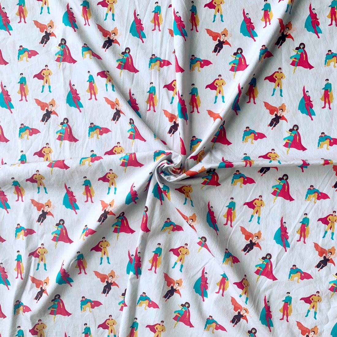 Super Heroes cotton fabric for superhero night suits, boys’ pajamas and themed sleepovers.