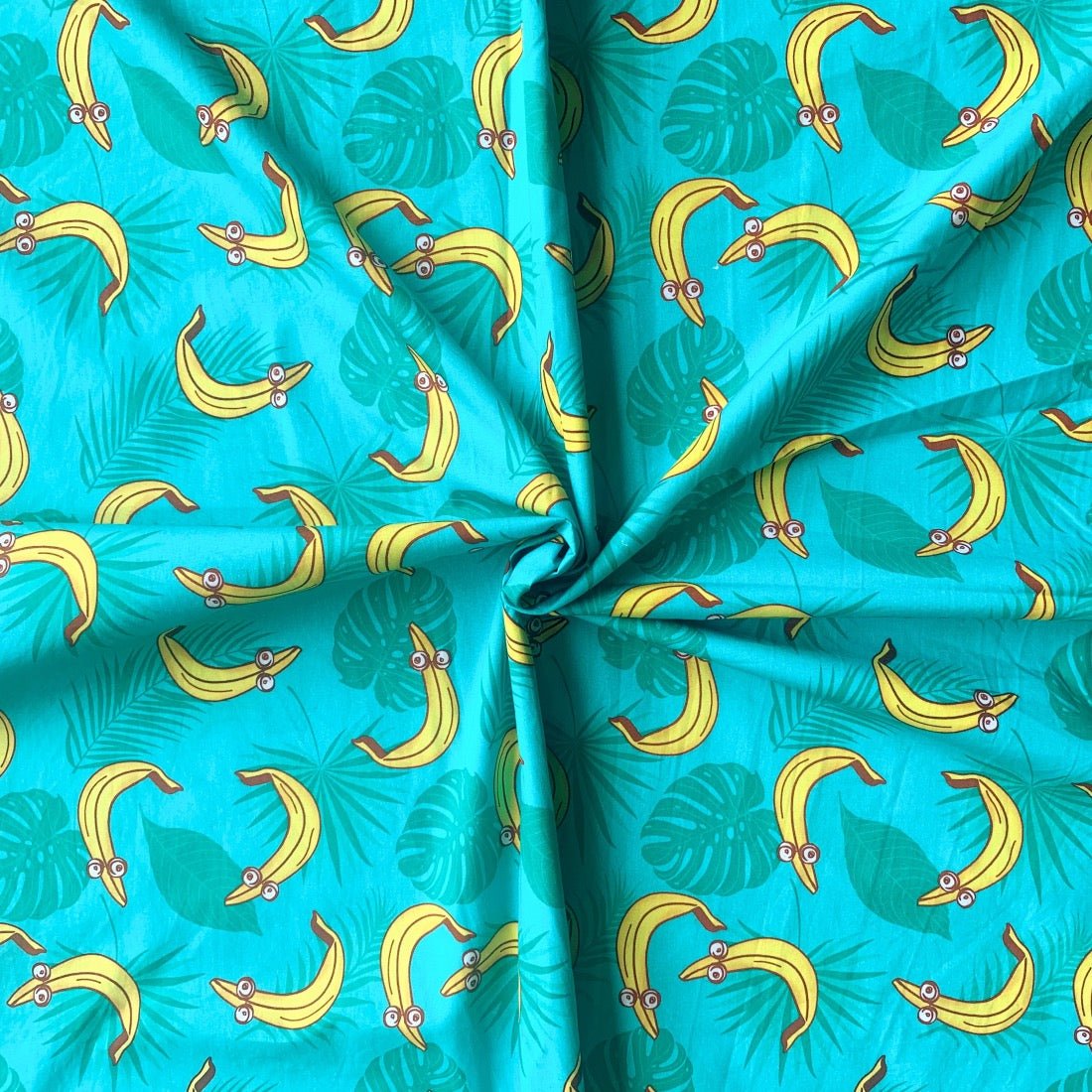 Tropical Bananas cotton fabric for fun food-themed night suits, kids’ pajamas and holiday lounging.