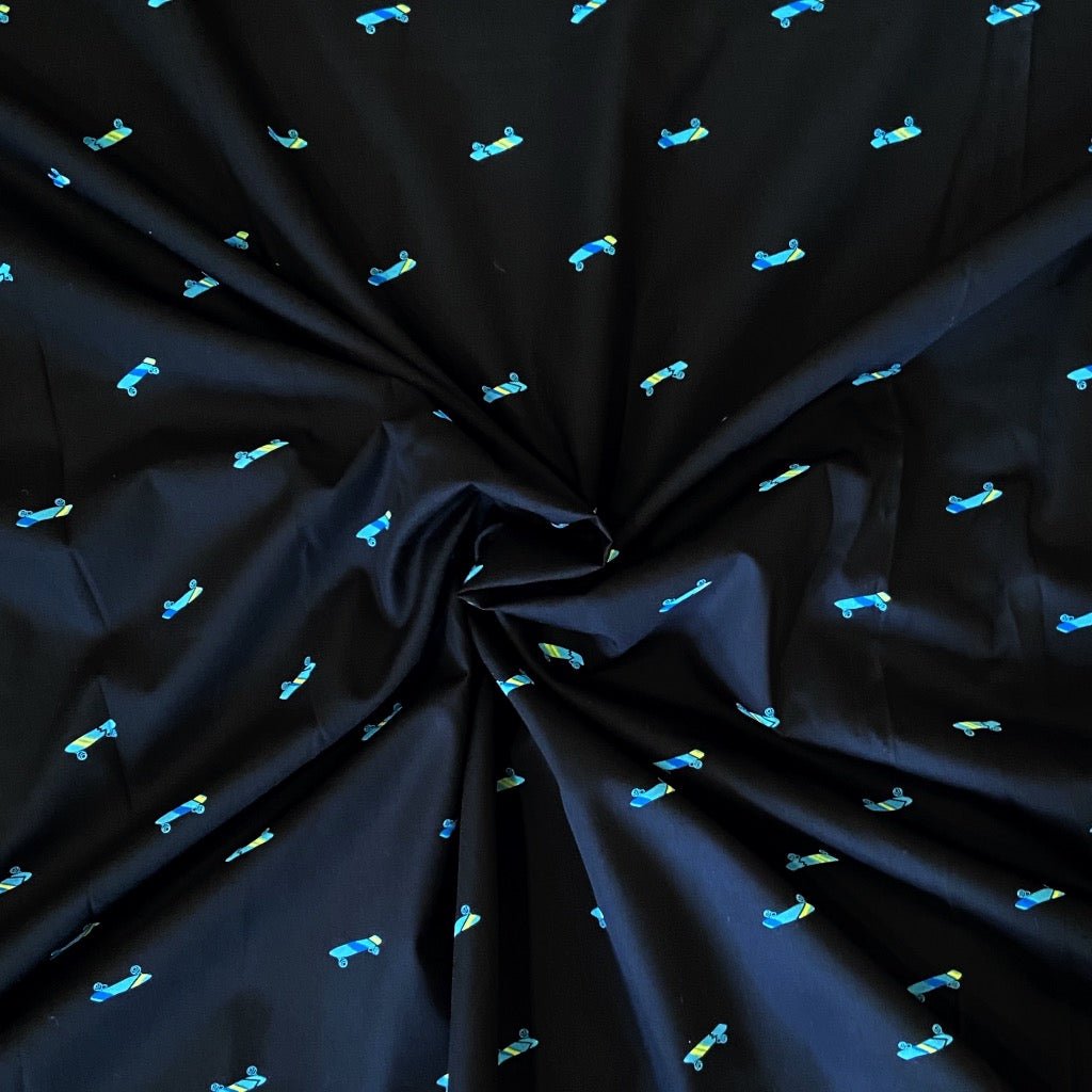 Roller Board cotton fabric for skate-themed night suits, teen sleepwear and cool loungewear.