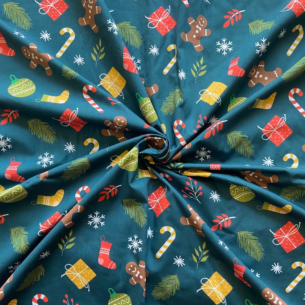 Holiday Celebrations cotton fabric for festive night suits, family Christmas pajamas and party photos.
