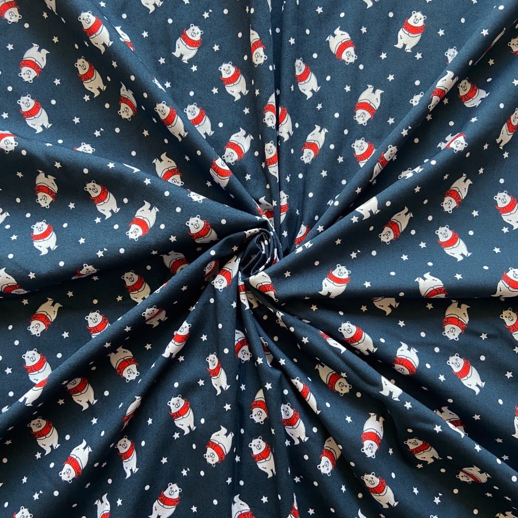 Chubby polar bear cotton fabric for winter night suits, kids’ Christmas sleepwear and cosy pajamas.