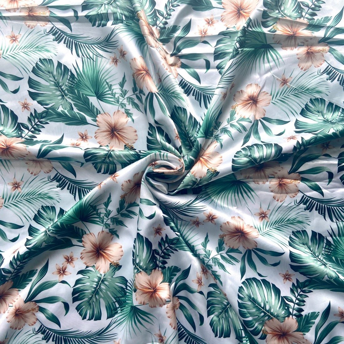 Tropical Mood Print in Satin fabric for themed night suits, breezy sleepwear, and stylish loungewear.