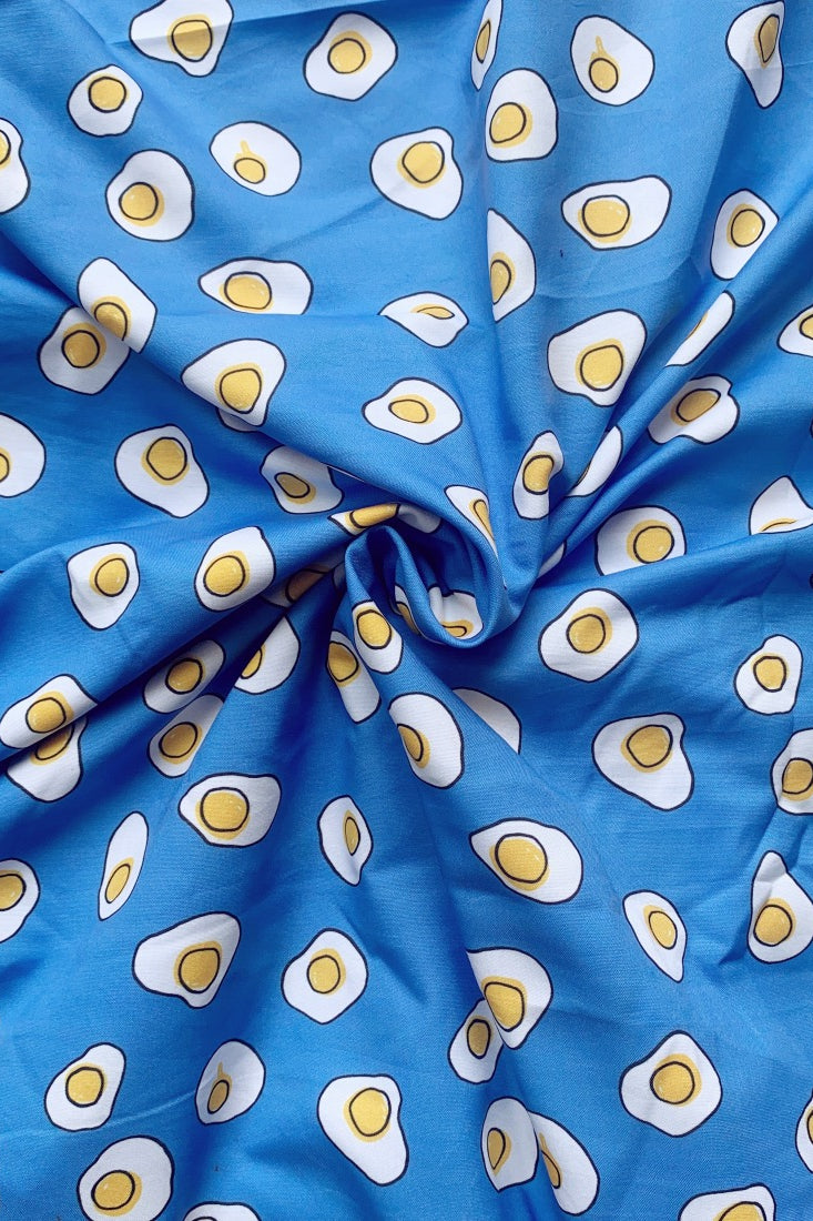 Omlette Fry Print in Rayon fabric for fun food-themed night suits, quirky matching sets, and cosy loungewear.