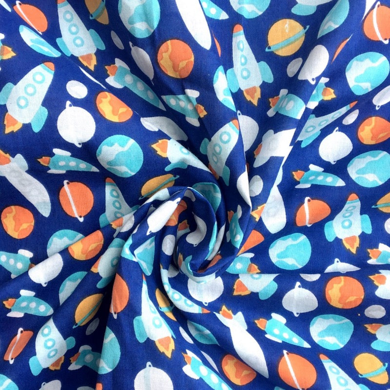 Space Jaipuri cotton fabric for cosmic-themed night suits, kids’ pajamas and sleepover sets.