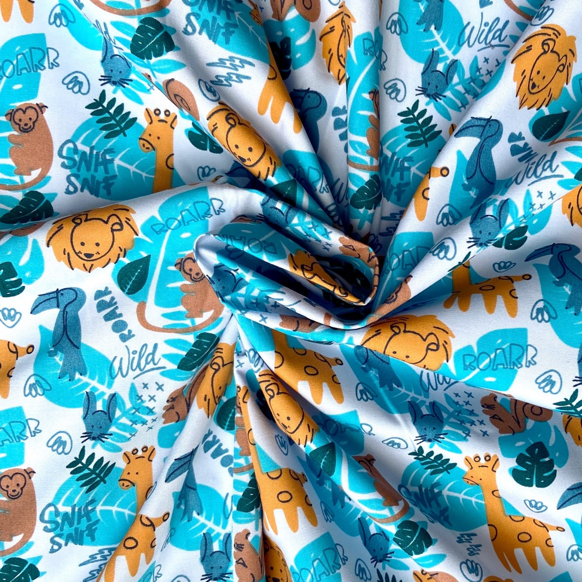 Animal Tribe cotton fabric for jungle-themed night suits, kids’ sleepwear and sibling matching sets.