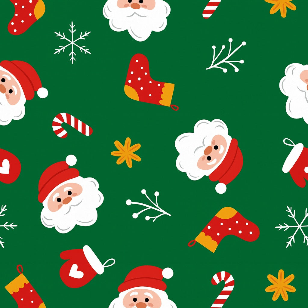 Santa and stockings cotton fabric for Christmas pajamas, kids’ night suits and holiday photos.