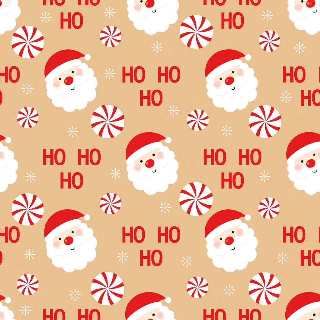 Peppermint Santa cotton fabric for Christmas pajamas, matching night suits and festive photo shoots.