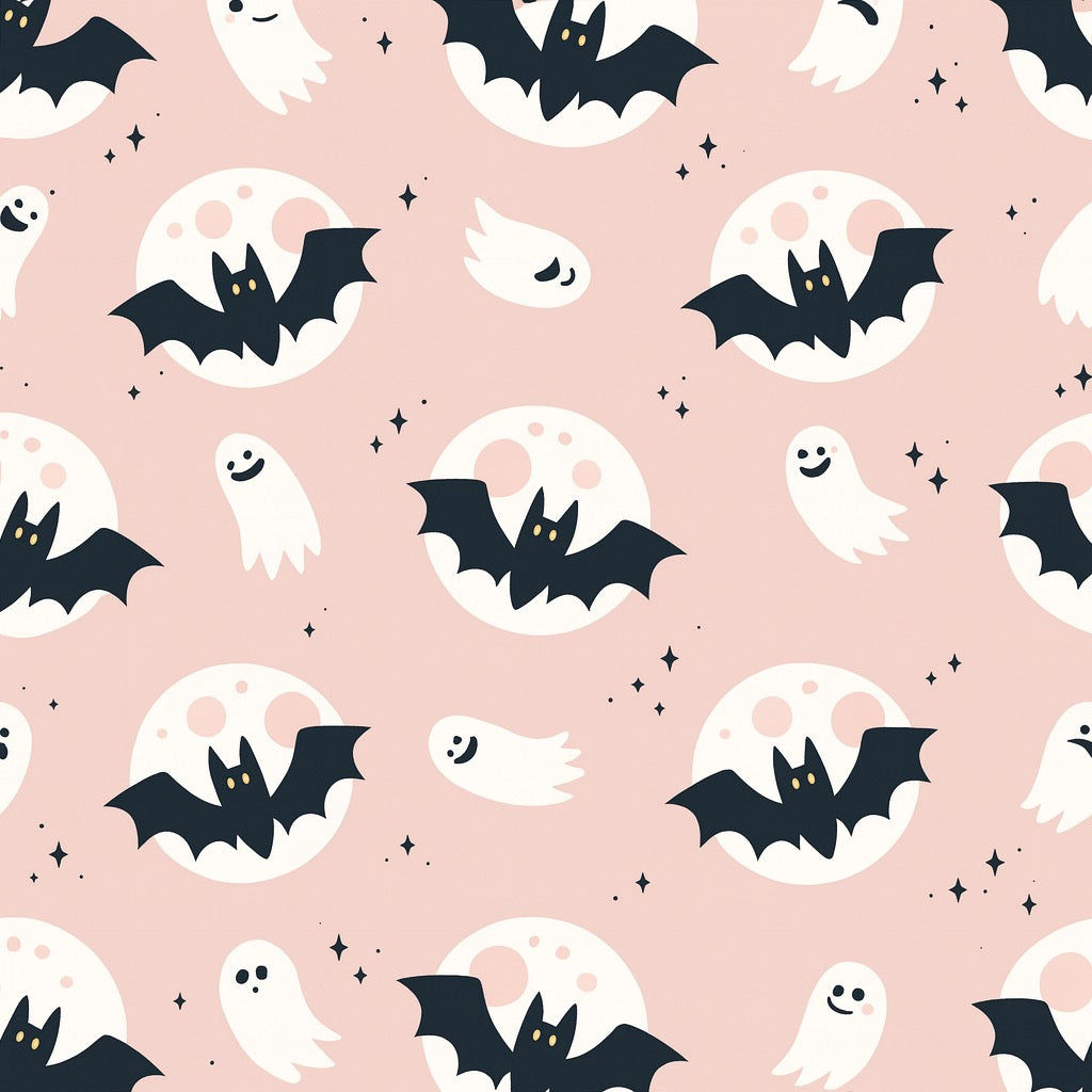 Bats and ghosts cotton fabric for spooky night suits, costume sleepwear and Halloween matching sets.