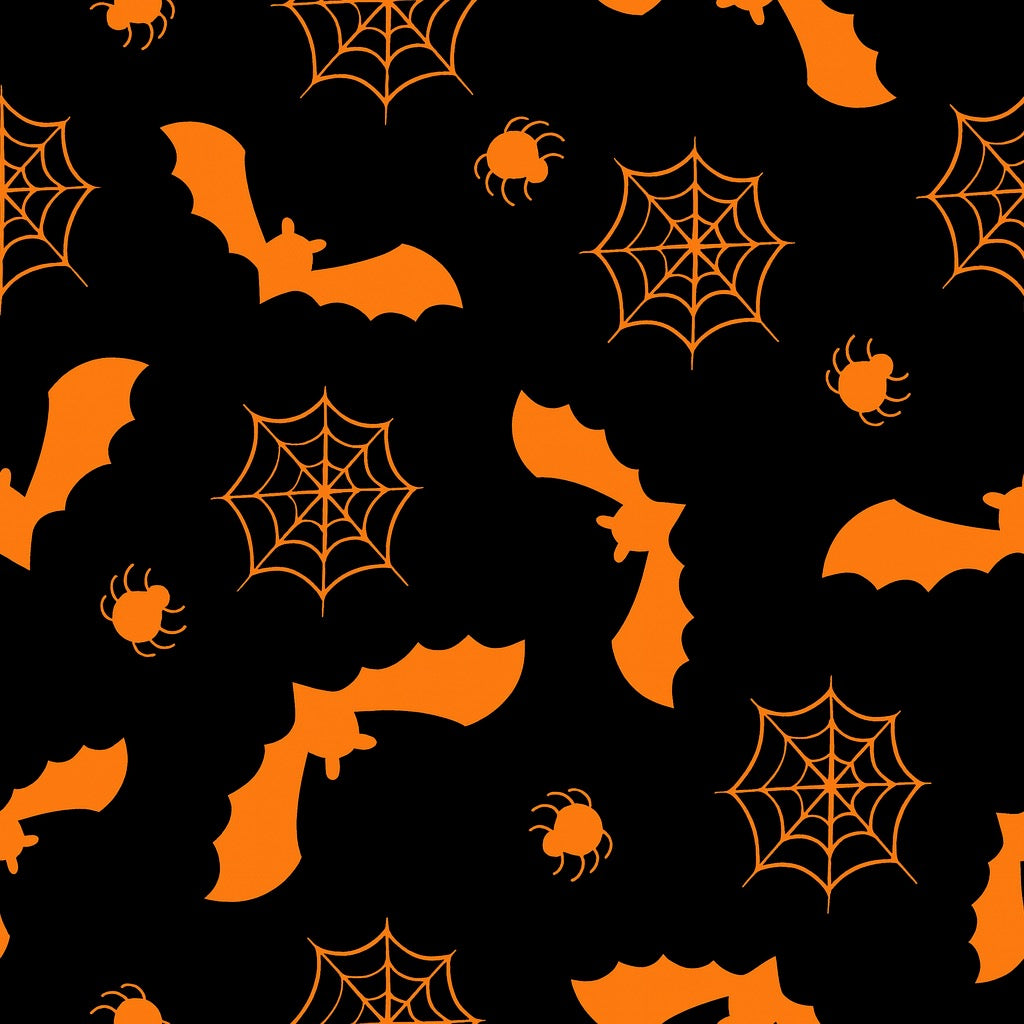 Spooky webs and bats cotton fabric for Halloween pajamas, themed night suits and trick-or-treat sleepwear.