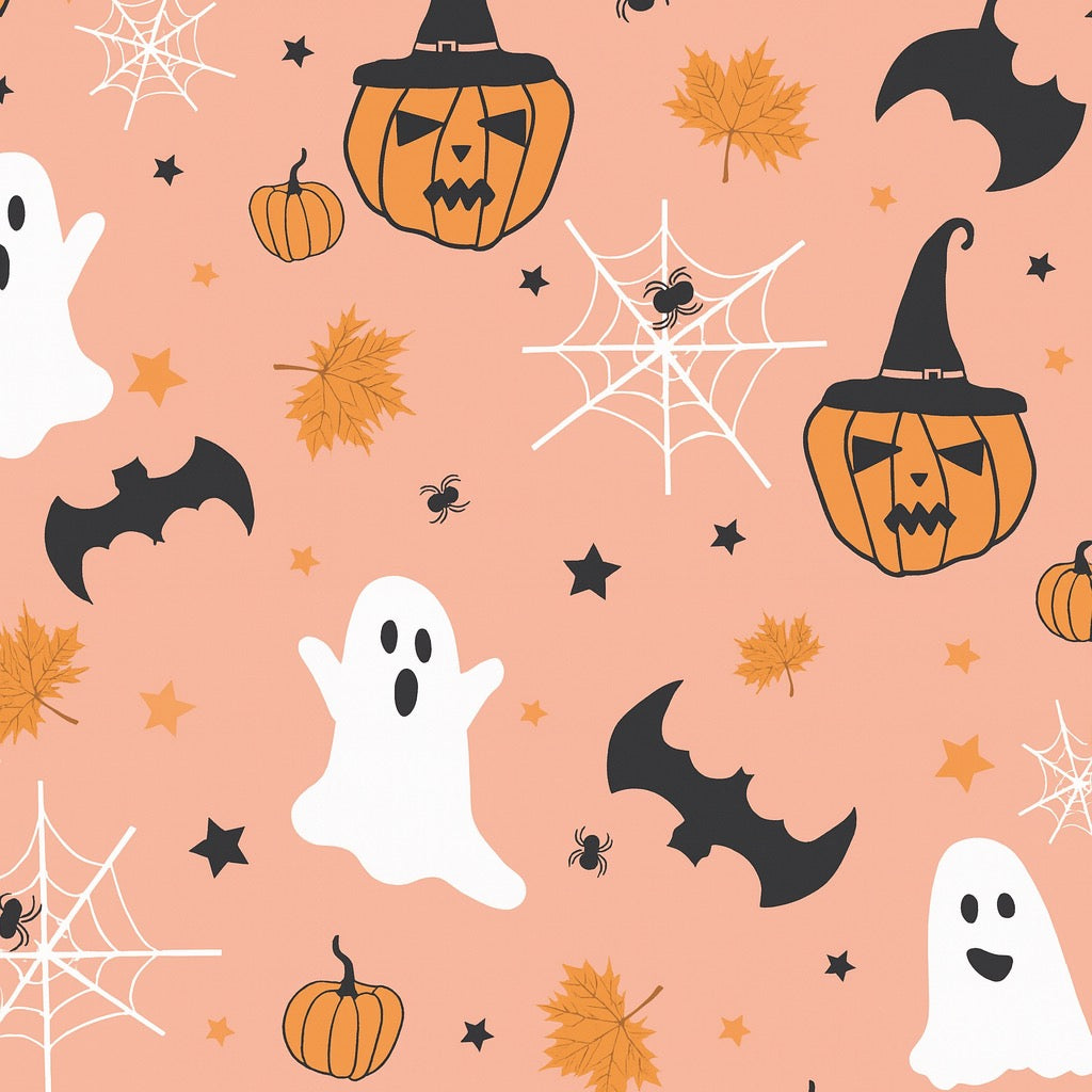 Pumpkin Tricksters cotton fabric for Halloween night suits, festive family pajamas and autumn nights.