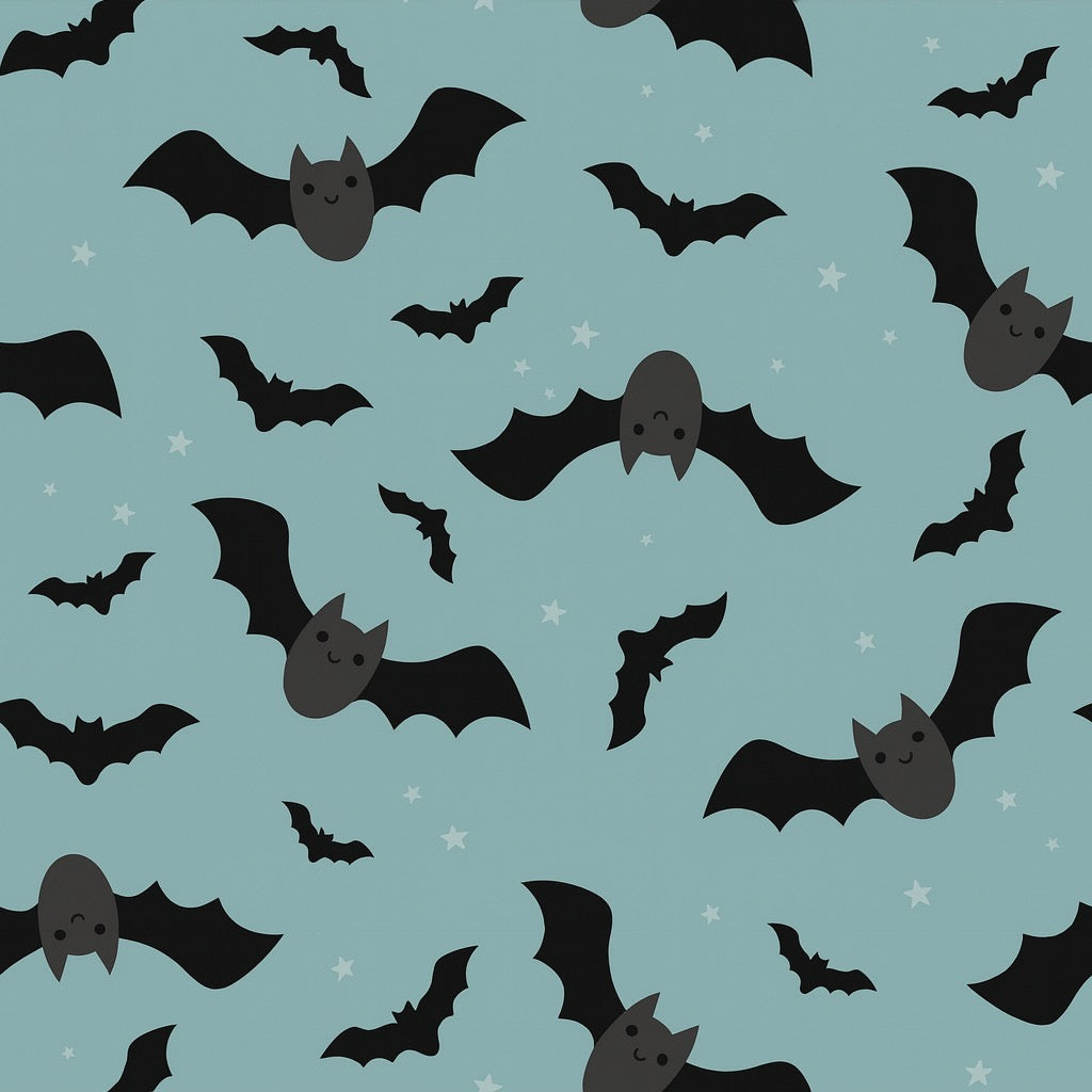 Flying bats cotton fabric for Halloween night suits, spooky kids’ sleepwear and themed party pajamas.