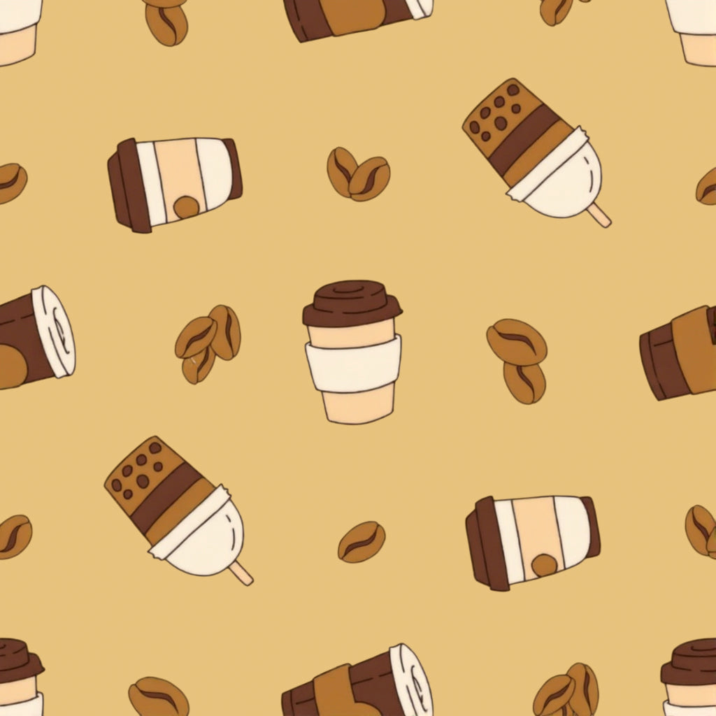 Coffee cup and cocoa themed fabric print designed for cozy pajama nightwear
