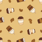 Coffee cup and cocoa themed fabric print designed for cozy pajama nightwear