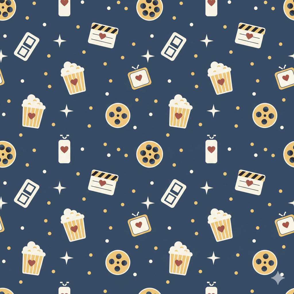 Cinema themed fabric print with film reels and popcorn for pajama nightwear