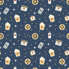 Cinema themed fabric print with film reels and popcorn for pajama nightwear