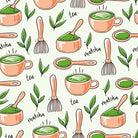 Matcha tea inspired fabric print with bowls and cups for calm nightwear