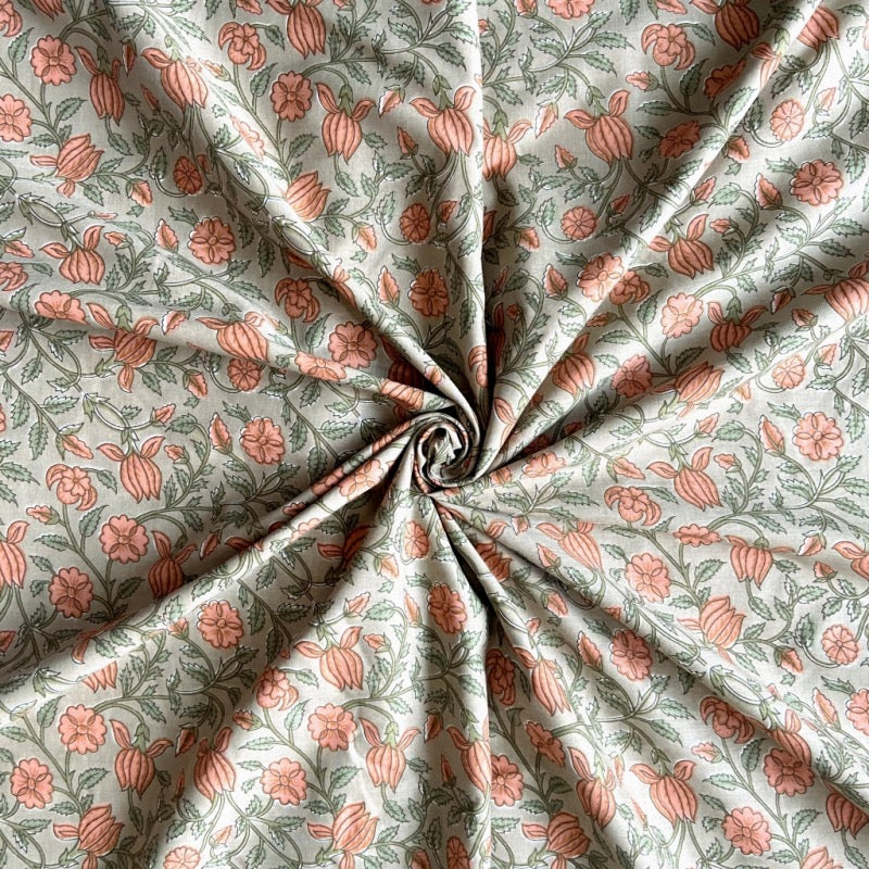 Peach Blossom Print in Jaipuri Cotton fabric for soft floral night suits, feminine sleepwear, and lounge sets.