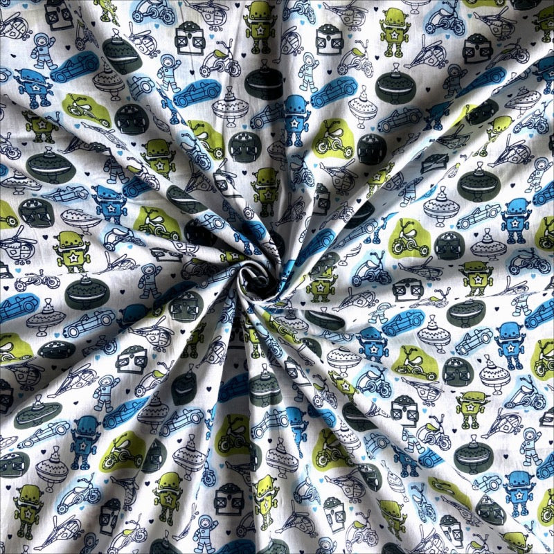 Astronaut Print in Jaipuri Cotton fabric for kids’ space-themed night suits, playful sleepwear, and matching sets.