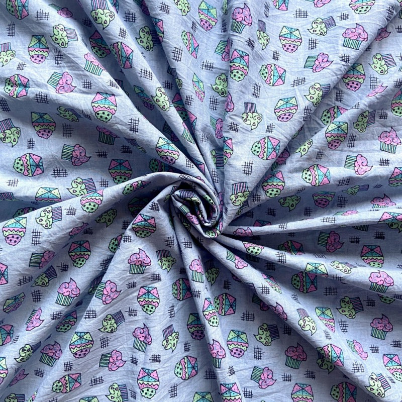 Cupcake Jaipuri cotton fabric for fun food-themed night suits, kids’ sleepwear and casual lounging.