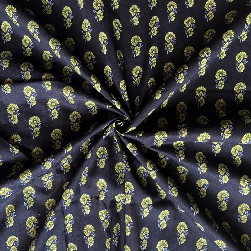 Olive motif Jaipuri cotton fabric for elegant night suits, ethnic sleepwear and gifting sets.