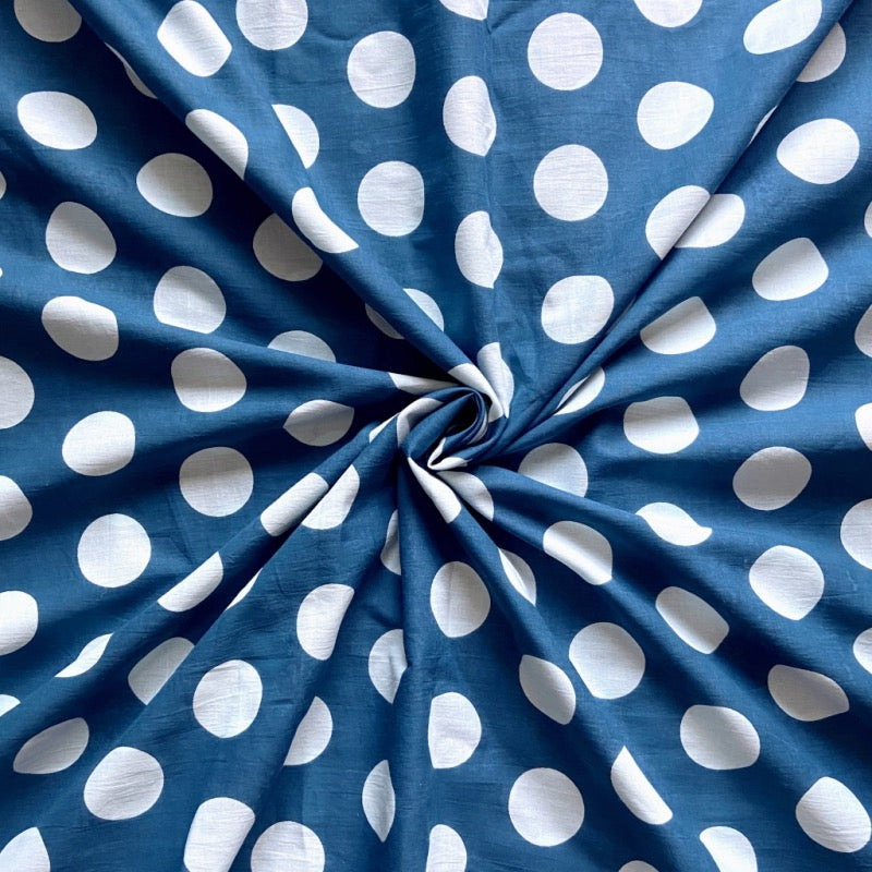 Blue polka dots Jaipuri cotton fabric for classic night suits, everyday ethnic loungewear and pajamas.