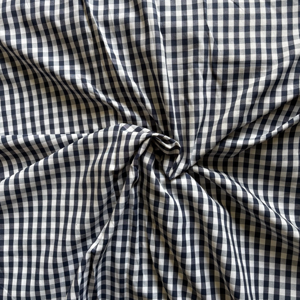 Black gingham checks cotton fabric for classic night suits, minimal sleepwear and timeless loungewear.