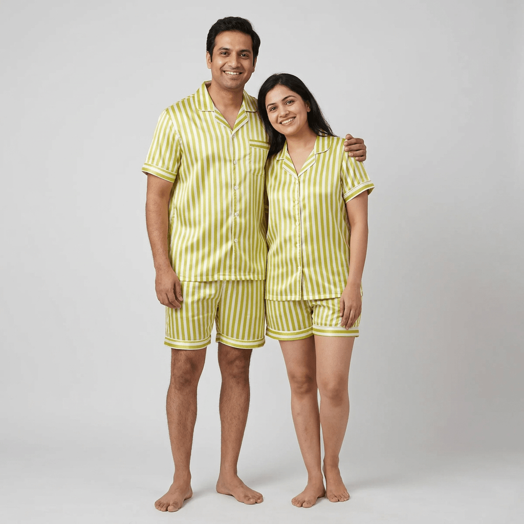Matching All Stripes satin half-sleeve night suit for him and her