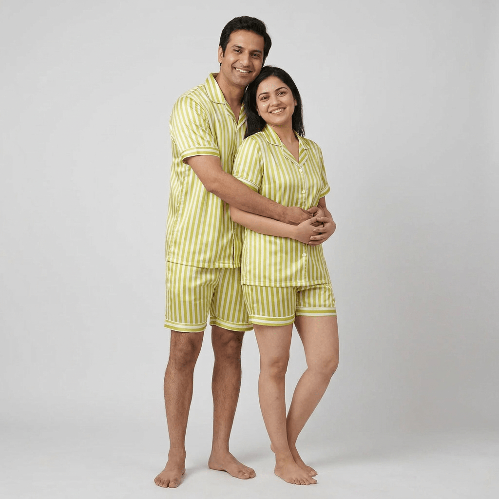 All Stripes matching half-sleeve night suit for husband and wife, styled together