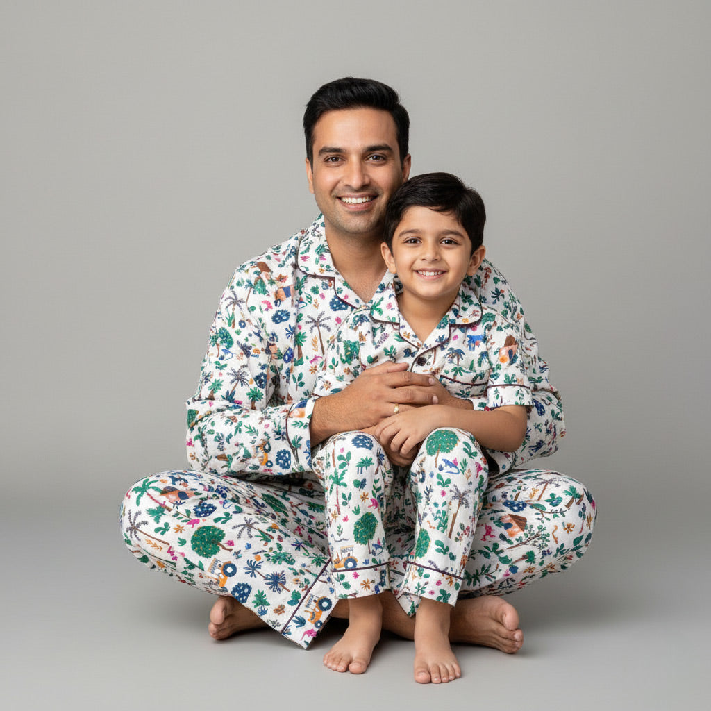 Father and son wearing Animal Kingdom matching pajamas, wildlife-themed coordinated nightwear.