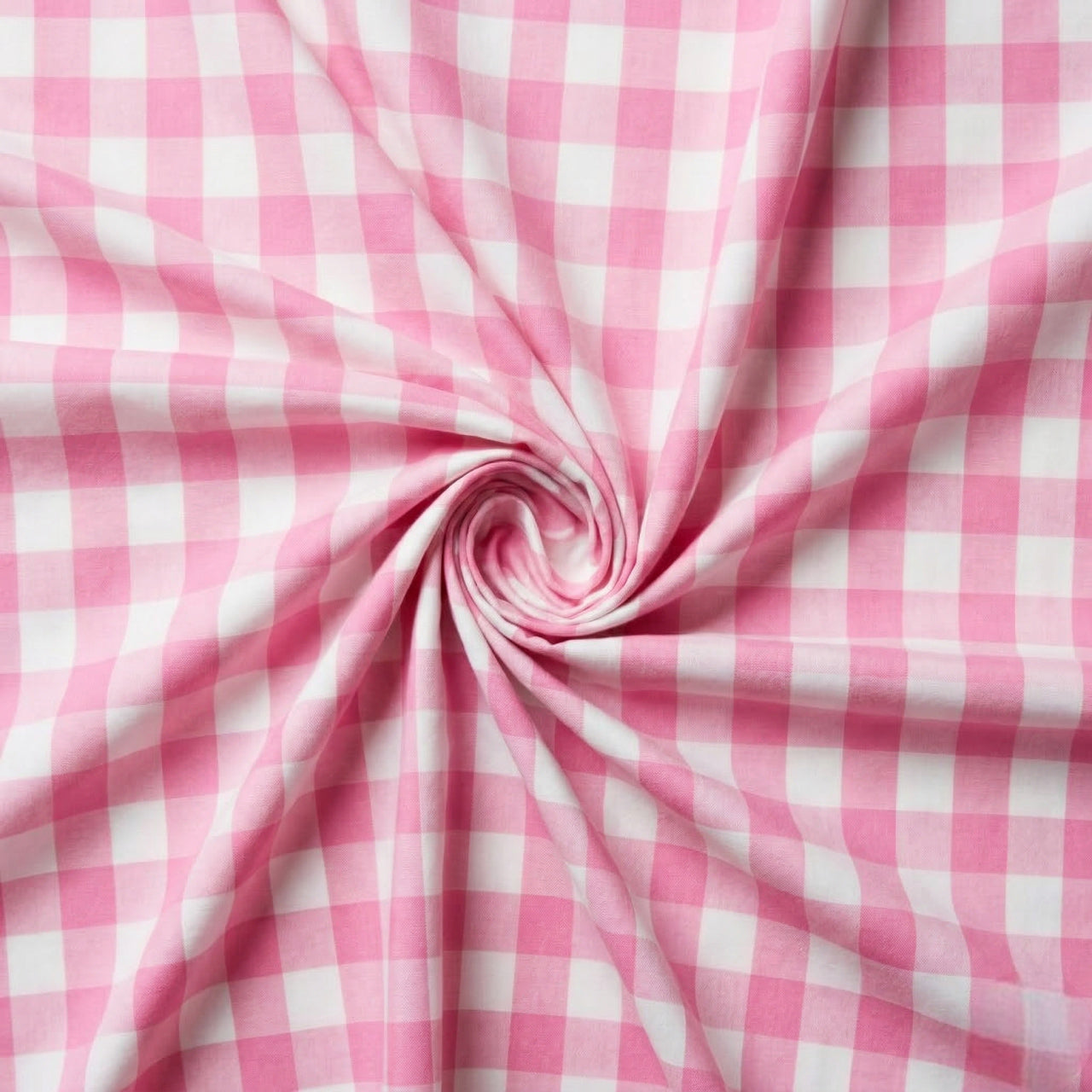 Pink and white checkered fabric in a swirl pattern