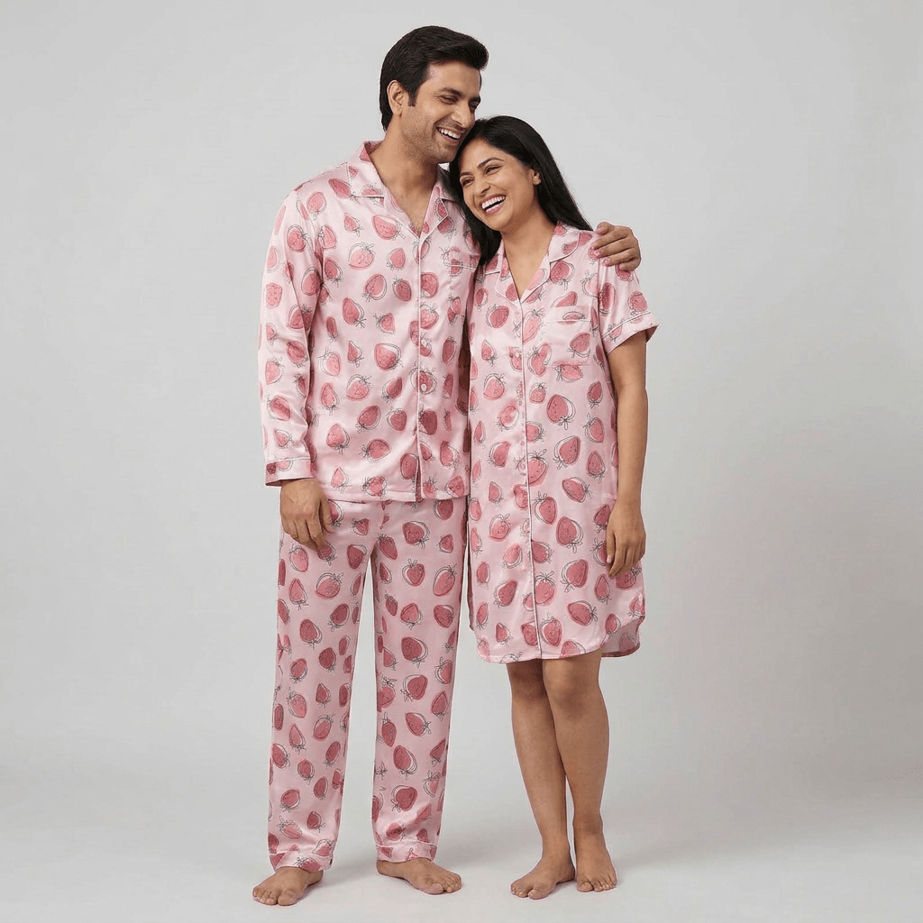 Matching Berrylicious satin half-sleeve night suit for him and her