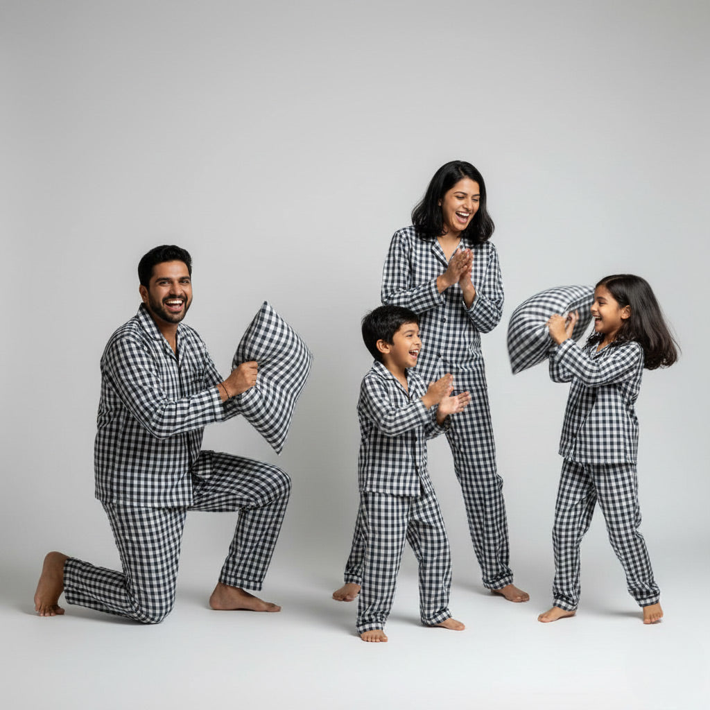 Family in black gingham checks matching pajama set, classic coordinated nightwear.