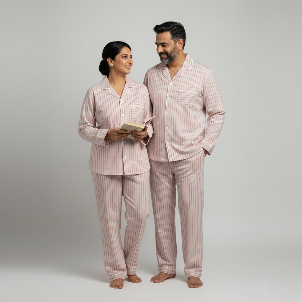 Couple cotton pajama set in blush pink rose stripes with piping detail.