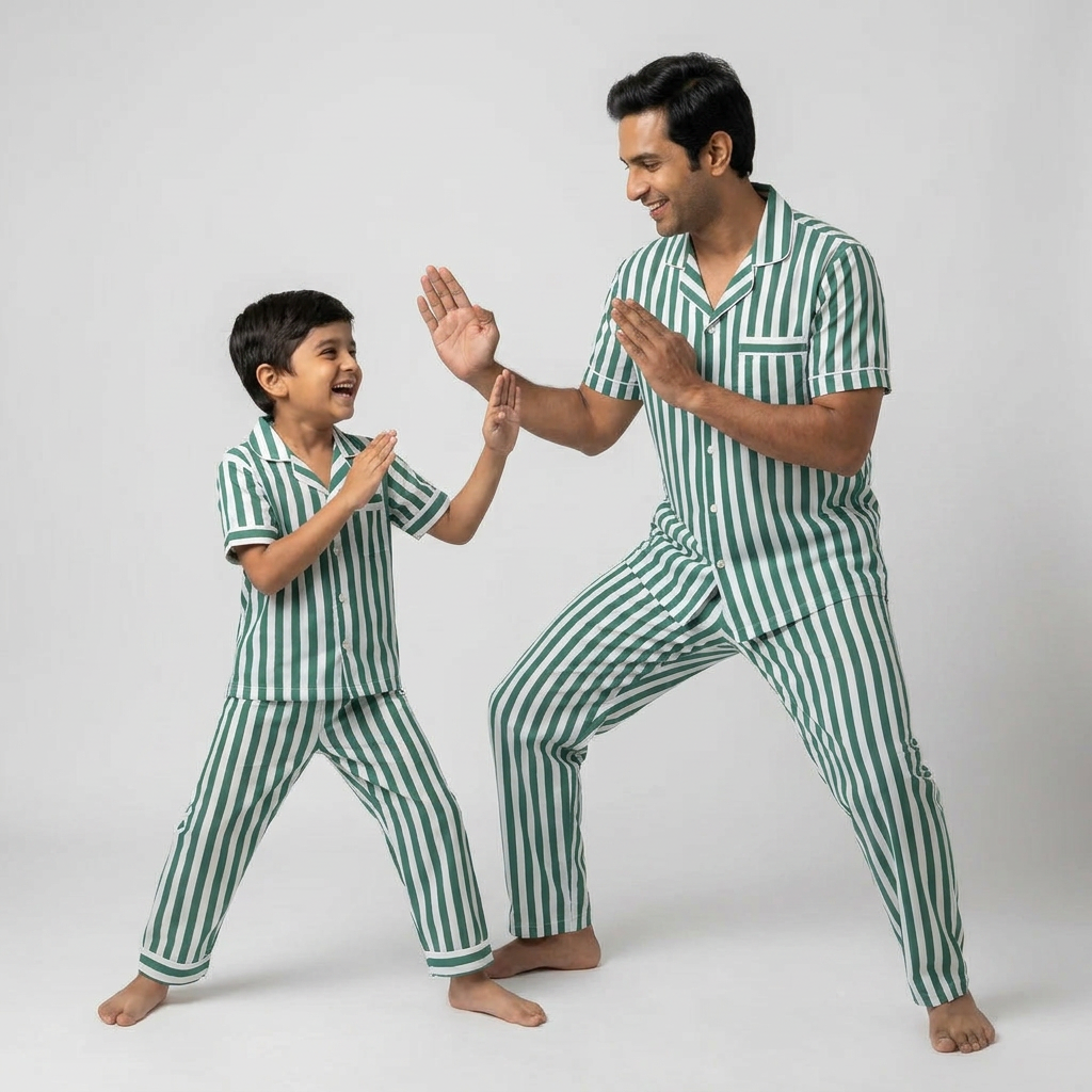 Green Bold Stripes Father Son Night Suit