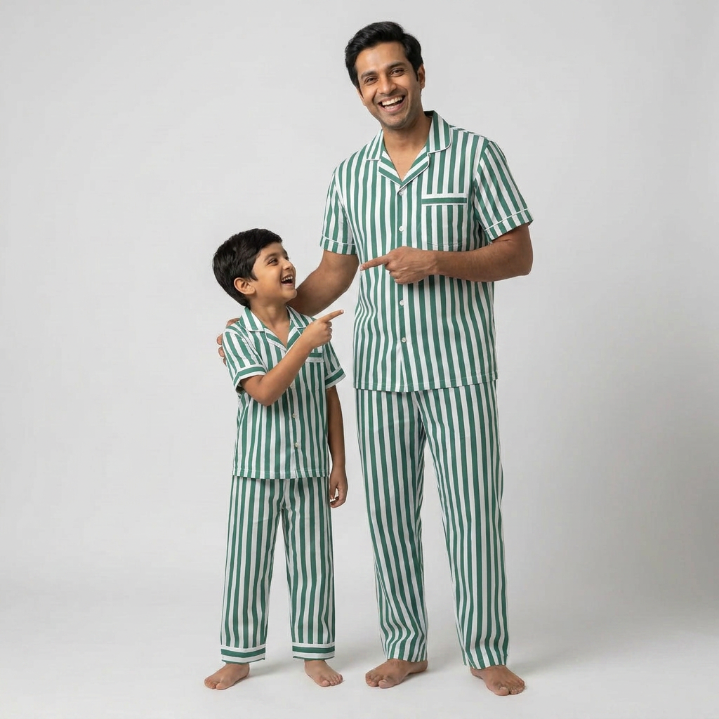 Green Bold Stripes Father Son Night Suit