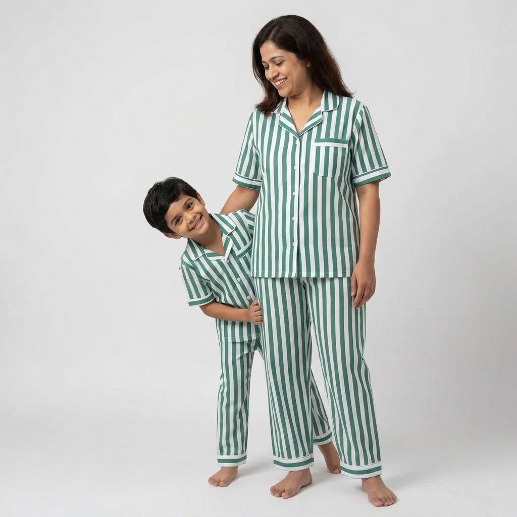 Green Bold Stripes Mom Son Matching Pajamas