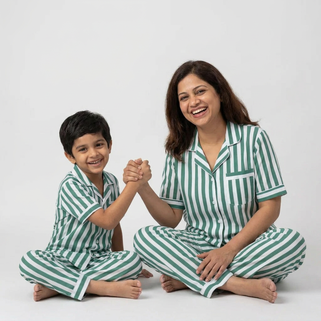 Green Bold Stripes Mom Son Matching Pajamas