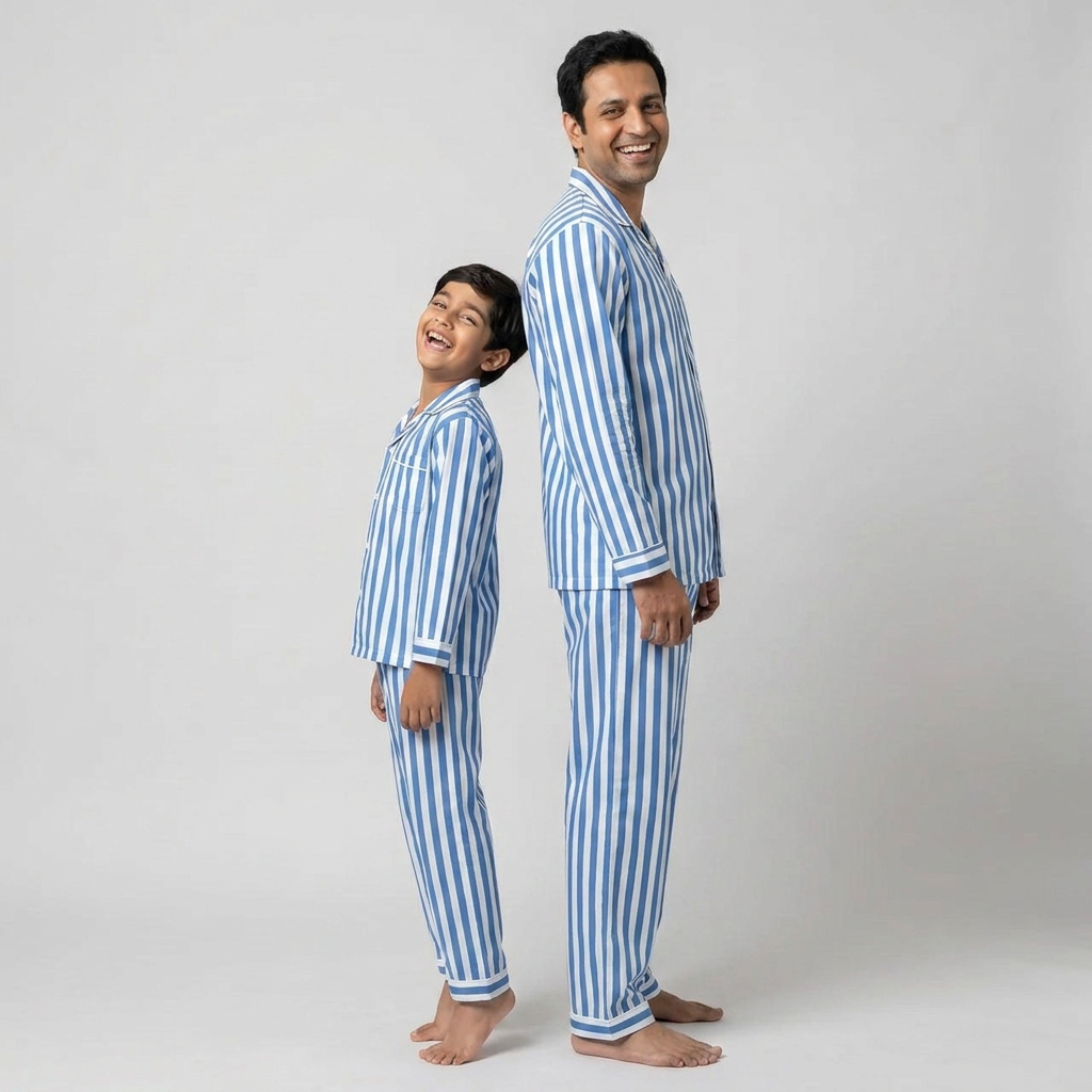 Indigo Blue Stripes Dad Son Matching Pajamas